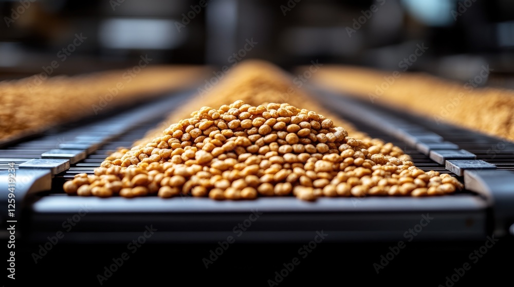 Close-up of golden grains on conveyor belt in processing facility, showcasing agricultural production Close-up of golden grains on conveyor belt in processing facility, showcasing agricultural production