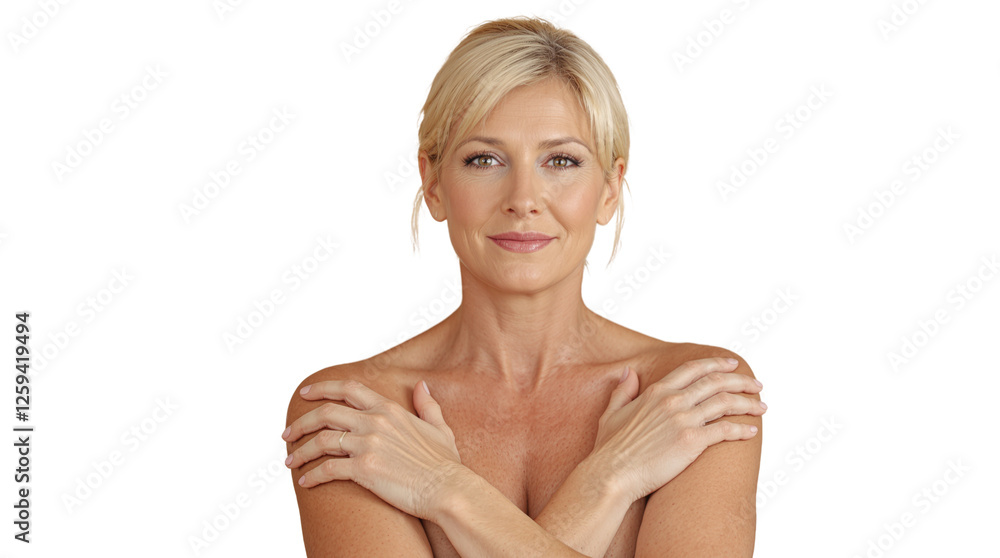 Obraz premium Elegant mature woman with blonde hair smiles gently, crossing her arms over her chest. Isolated on white background. Concept of beauty and confidence. Ai generative