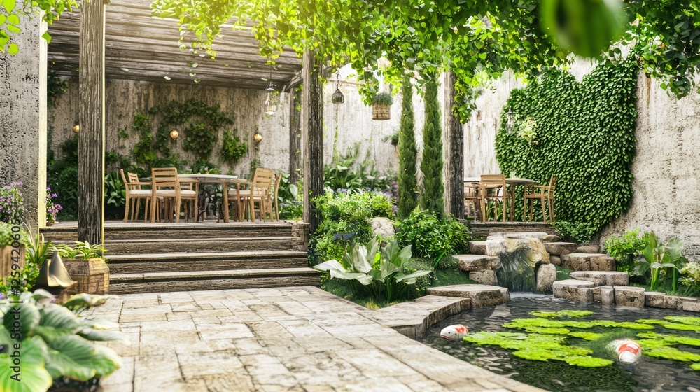 Obraz premium Tranquil Multi-Level Garden Cafe with Wooden Seating and Greenery