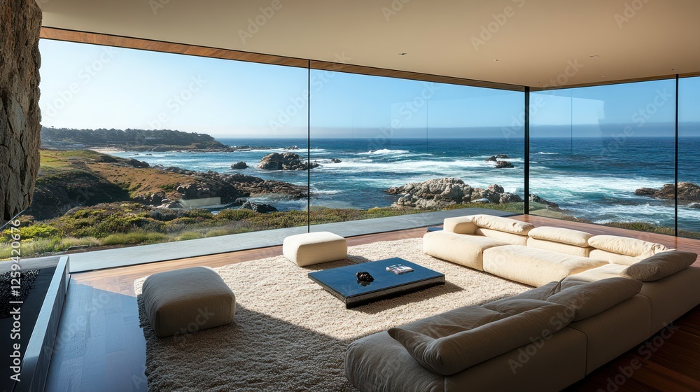 Fototapeta premium Coastal living room ocean view luxury home
