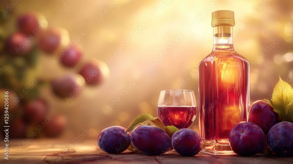 plum wine stands tall, surrounded by fresh plums and a filled glass, creating a warm and inviting scene. plum wine stands tall, surrounded by fresh plums and a filled glass, creating a warm and inviting scene.