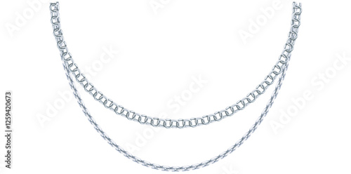 Layered Trendy Silver Chain Necklace On White Background, Unique Fine Jewelry Vector Illustration.	