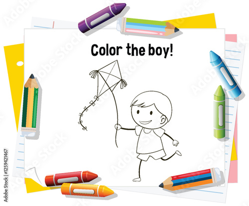 Coloring Fun with Kite and Boy