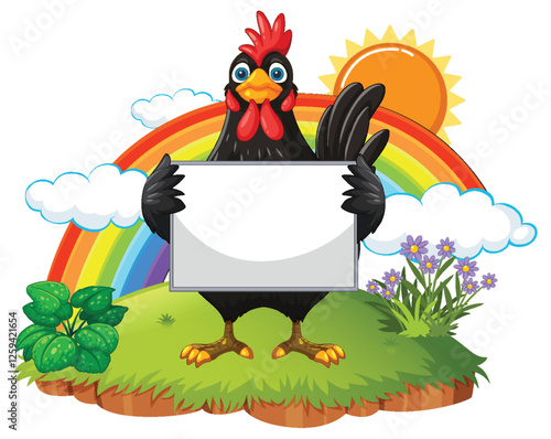 Colorful Rooster with Blank Sign