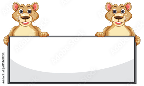 Cute Lion Cubs Holding Blank Sign