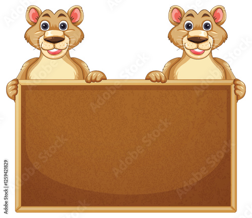 Two Cartoon Lions Holding a Sign