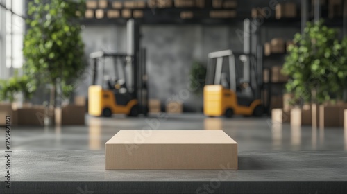 A large cardboard box sits on a gray surface in a warehouse, with forklifts blurred in the background. Ready for shipping.