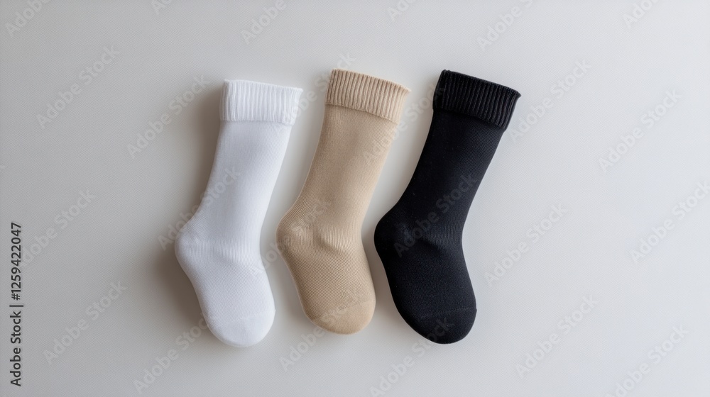 3 white, black, and beige pure cotton socks on one side of the picture, flat view, white background 3 white, black, and beige pure cotton socks on one side of the picture, flat view, white background
