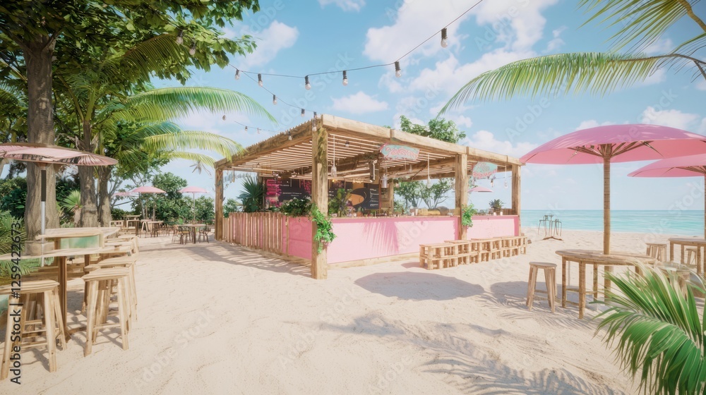 Obraz premium Charming Beachfront Pop-Up Cafe with Pallet Seating and Umbrellas