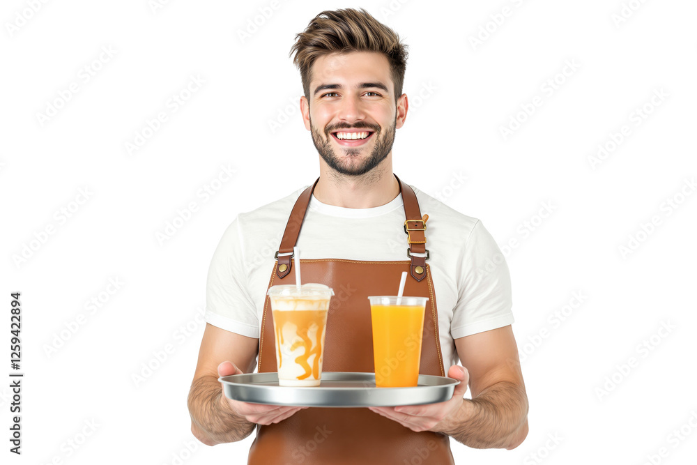 Smiling barista with brown apron holding a tray with iced coffee and orange juice. Isolated on white background. Concept of hospitality and service. Ai generative Smiling barista with brown apron holding a tray with iced coffee and orange juice. Isolated on white background. Concept of hospitality and service. Ai generative