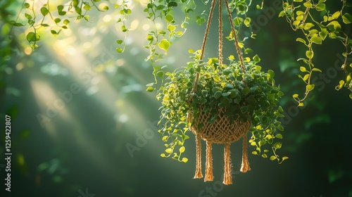 Lush green hanging plant basking in soft sunlight, creating a serene indoor atmosphere