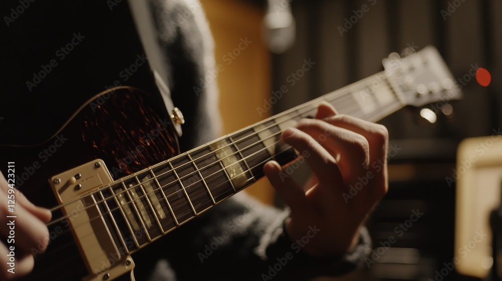 Fototapeta premium Detailed view of a musician. In a recording studio. Showcasing musical skills and instrument handling. Ideal for music and recording themes.