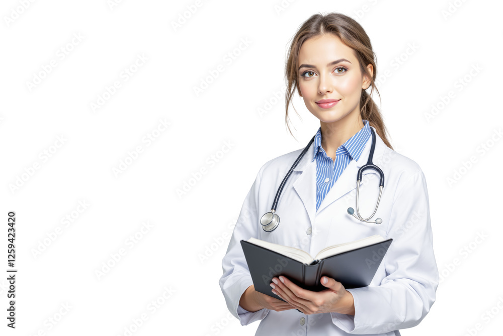 Confident female doctor in white coat with stethoscope holding a book, isolated on white background. Medical education and healthcare concept. Ai generative Confident female doctor in white coat with stethoscope holding a book, isolated on white background. Medical education and healthcare concept. Ai generative