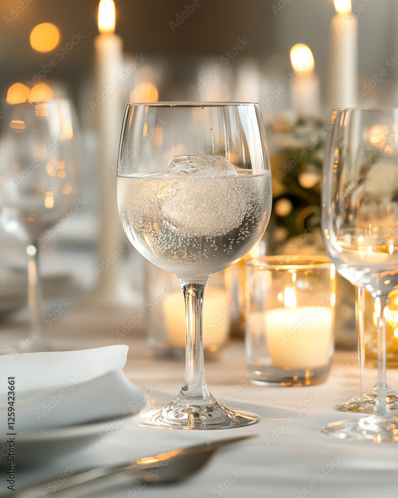 Elegant glass of sparkling water with ice against a romantic candlelit dinner setting. Elegant glass of sparkling water with ice against a romantic candlelit dinner setting.