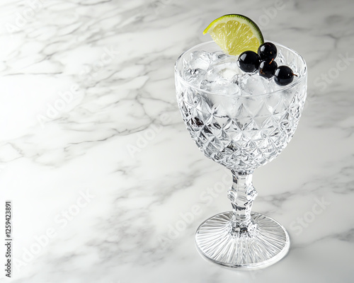 Refreshing cocktail served in a crystal glass with ice, lime, and berries arranged elegantly on marble surface. photo