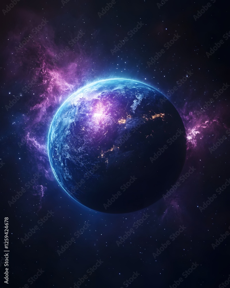 Naklejka premium Distant World in Cosmic Nebula a Vibrant Depiction of Space Exploration and Celestial Beauty