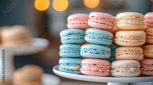 Colorful macarons stacked on a white plate in a cozy caf? setting with blurred lights