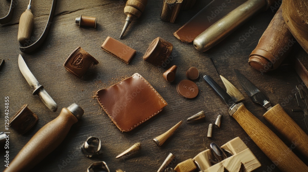 Scene of a leather tooling setup. Featuring leather pieces, stamps, and tools. Highlighting the art of leather tooling. Ideal for DIY and craft blogs. Scene of a leather tooling setup. Featuring leather pieces, stamps, and tools. Highlighting the art of leather tooling. Ideal for DIY and craft blogs.