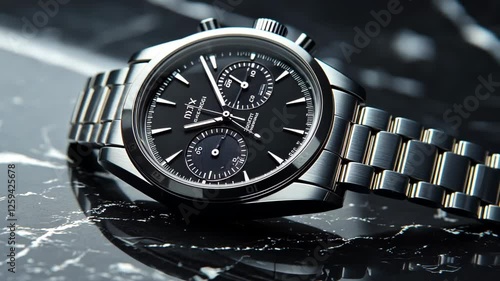 Elegant black chronograph watch on a marble surface with reflections