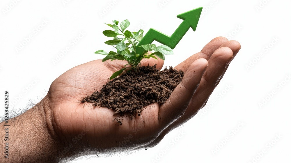 Hand holding small green plant with upward arrow representing growth and sustainability in business Hand holding small green plant with upward arrow representing growth and sustainability in business