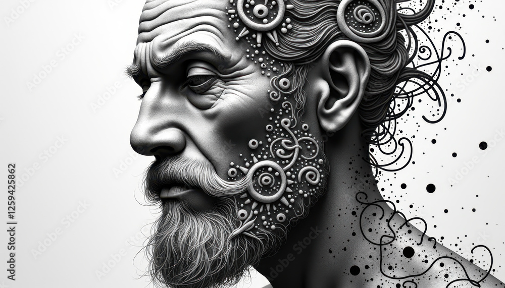 Fototapeta premium Bearded Man with Ornaments Celestial Tattoo Design