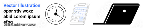Clock representing time, chart on clipboard for progress tracking, and laptop for digital workflows. Ideal for productivity, scheduling, business planning, goal setting, remote work, time tracking