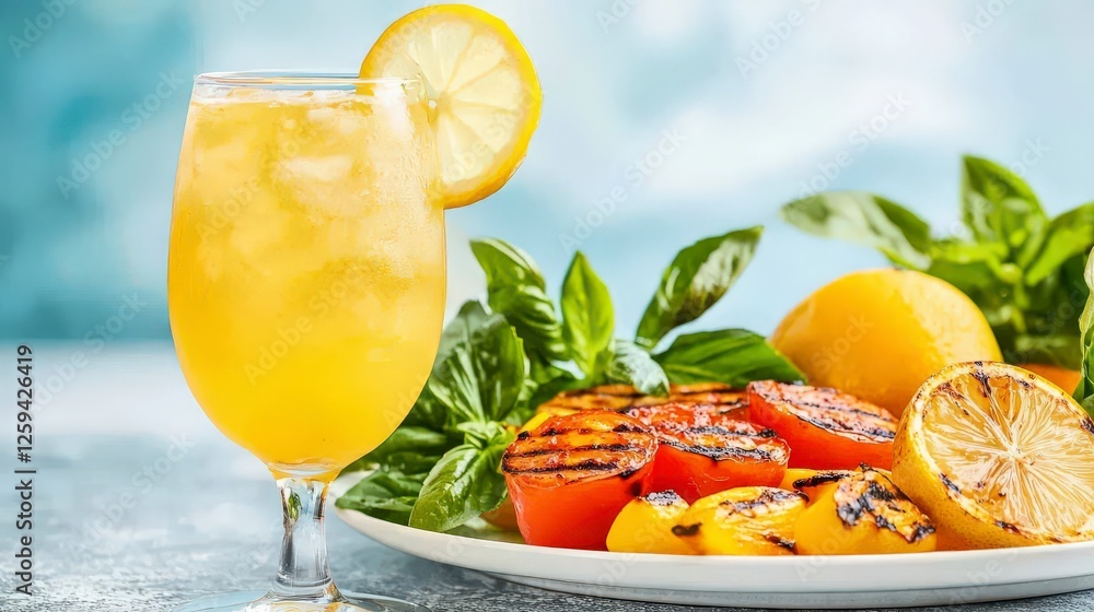 Fototapeta premium Refreshing Summer Beverage with Grilled Vegetables and Citrus Garnish on Bright Blue Background