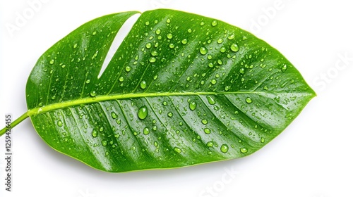 Closeup Green Leaf With Water Droplets On White Background