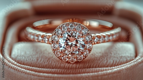 Elegant rose gold engagement ring with a sparkling diamond centerpiece on a soft fabric background