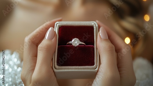 Elegant engagement ring displayed in a velvet box, held by a person in a softly lit setting