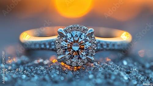 Close-up of a sparkling diamond engagement ring set against a blurred sunset background