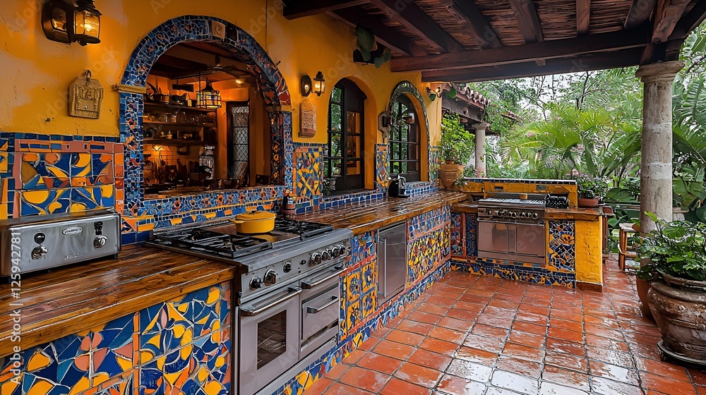 Obraz premium Colorful outdoor kitchen patio with arched windows