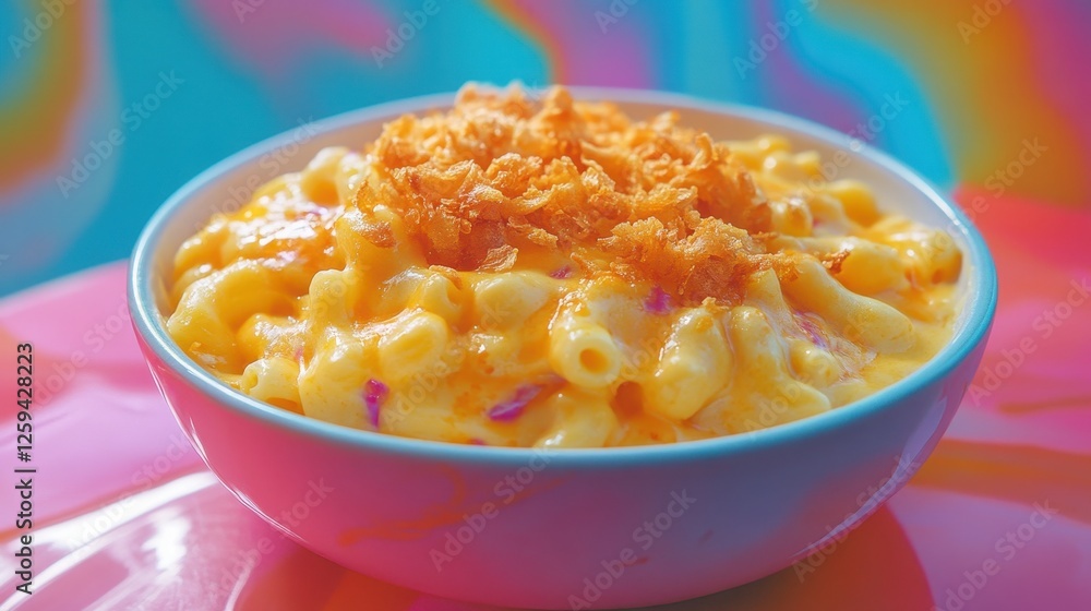 Creamy macaroni and cheese, topped with crispy fried onions, in a pink bowl. Perfect for blogs, food websites, or recipes showcasing comfort food. Creamy macaroni and cheese, topped with crispy fried onions, in a pink bowl. Perfect for blogs, food websites, or recipes showcasing comfort food.