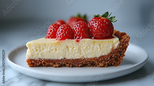 Delicious slice of cheesecake topped with fresh strawberries on a marble table, inviting dessert scene