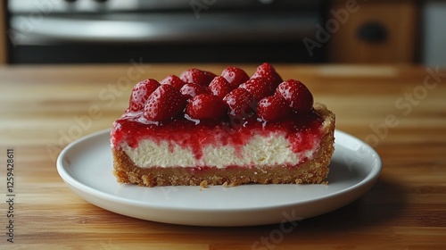 Delicious cheesecake slice topped with fresh strawberries and raspberry glaze on wooden table