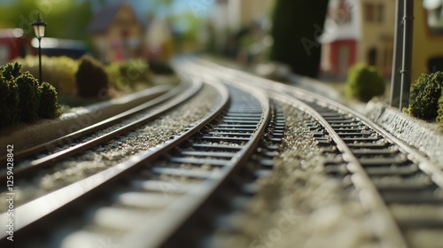 Scene of a model railway setup. Featuring model trains, tracks, and scenery. Highlighting the intricacy of model railway design. Ideal for hobbyist and model train blogs. photo