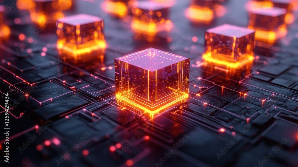 Glowing data cubes on circuit board; digital future Glowing data cubes on circuit board; digital future