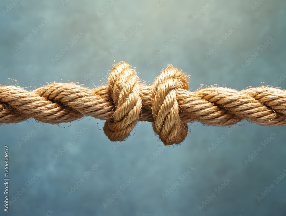 Detailed Close Up of a Natural Fiber Rope Tied in a Knot Against a Soft Blue Background Detailed Close Up of a Natural Fiber Rope Tied in a Knot Against a Soft Blue Background