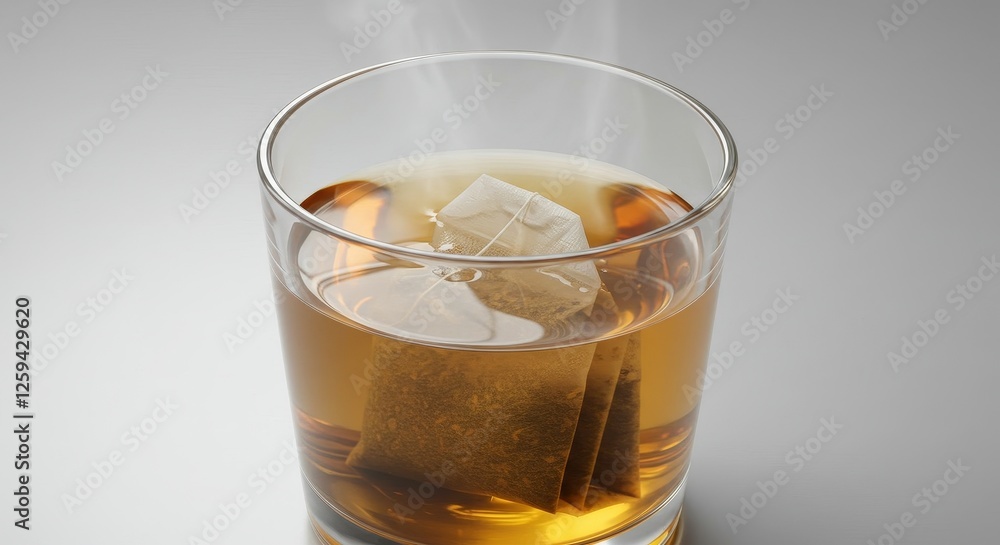 Infusion time, A transparent glass containing a steeping tea bag Infusion time, A transparent glass containing a steeping tea bag