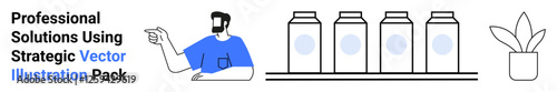 Man gesturing, four milk cartons aligned on a shelf, simple potted plant. Ideal for branding, creativity, teamwork, strategy, product design, advertising flat landing page banner