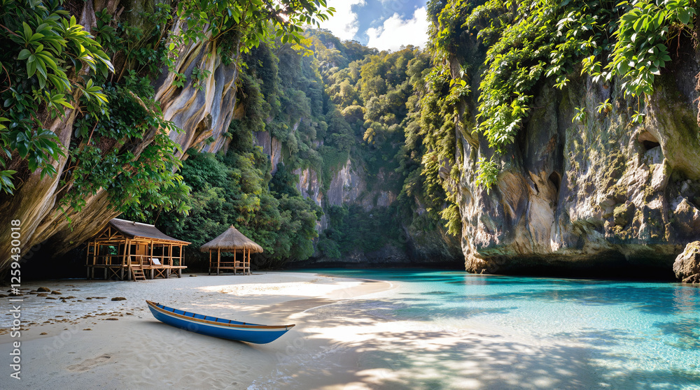 Obraz premium A hidden cove surrounded by towering cliffs, covered in lush jungle vines. a rustic bamboo hut. Crystal-clear water. tropical adventure, untouched paradise.
