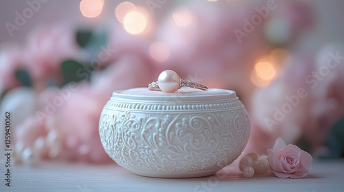 Elegant pearl resting on a decorative jewelry box surrounded by soft pink flowers and bokeh lights