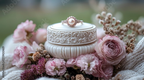 Elegant pearl ring displayed on a decorative box surrounded by soft pink flowers in a serene garden