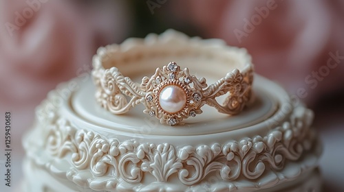Elegant pearl ring displayed on an ornate jewelry box with soft pink roses in the background