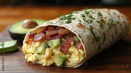 Delicious breakfast burrito filled with scrambled eggs, bacon, and avocado on a wooden table