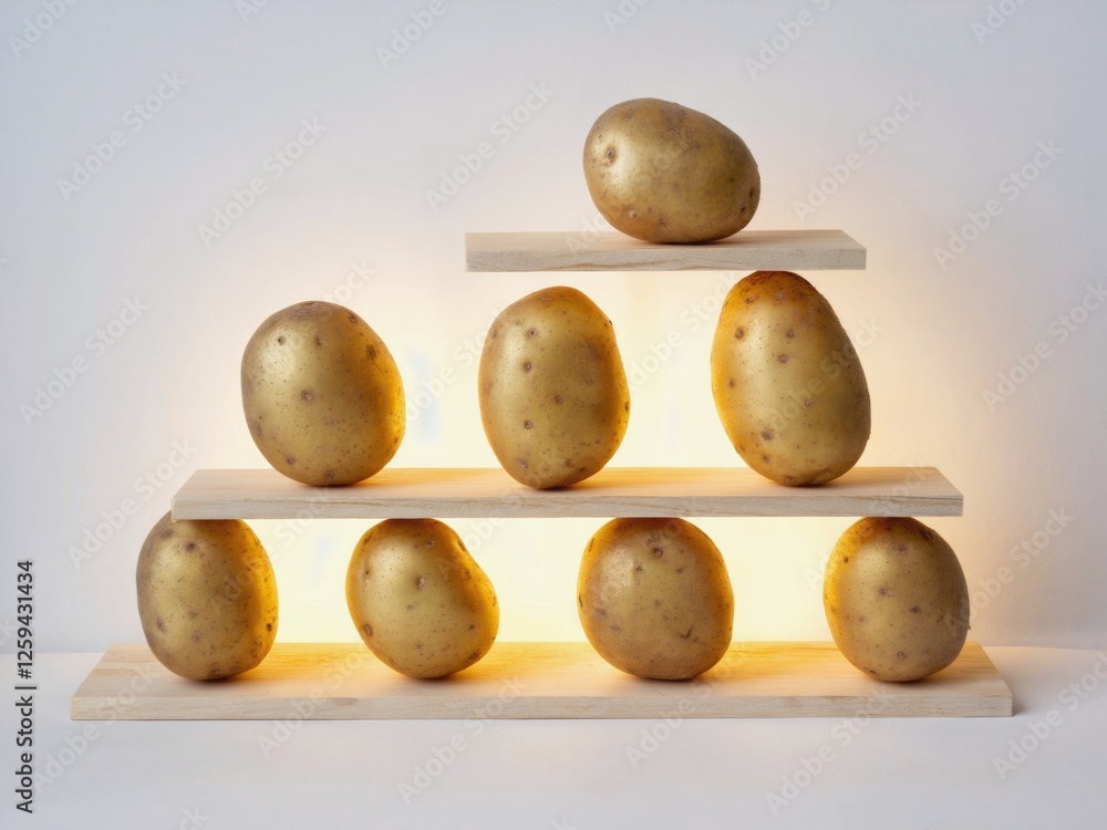 Fototapeta premium Golden Potatoes Balanced on Wooden Shelves