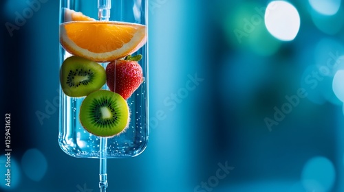 IV drip, fruit infusion, healthcare, clinic,  background bokeh, wellness therapy