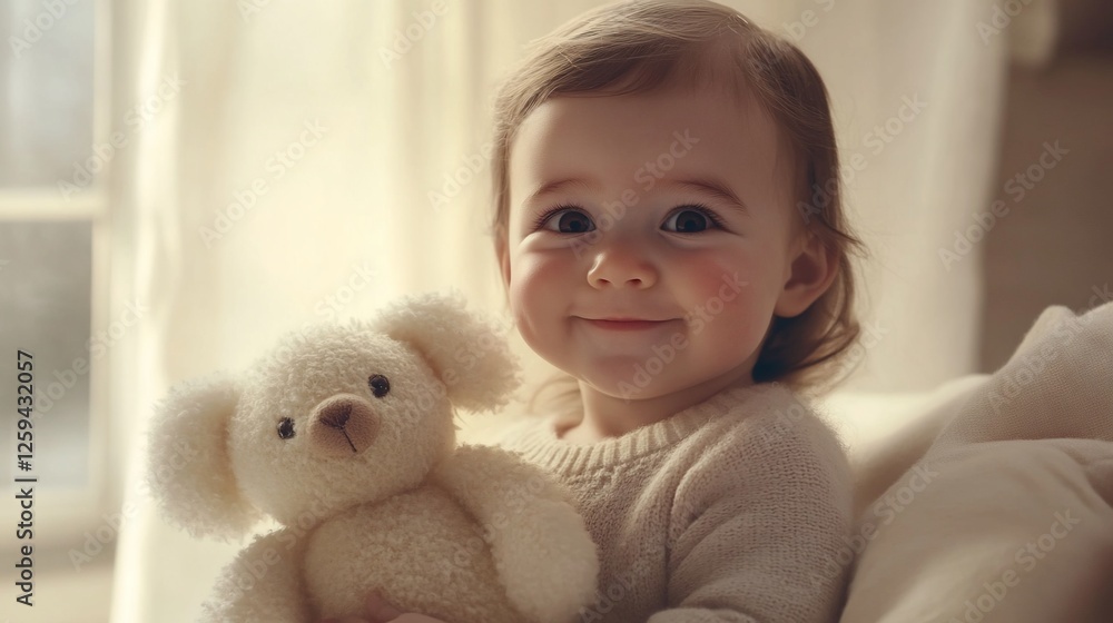 A cute baby smiles holding a fluffy white bear toy with a serene background A cute baby smiles holding a fluffy white bear toy with a serene background