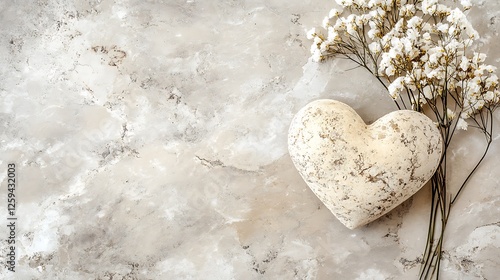 White stone heart with delicate white flowers on marble