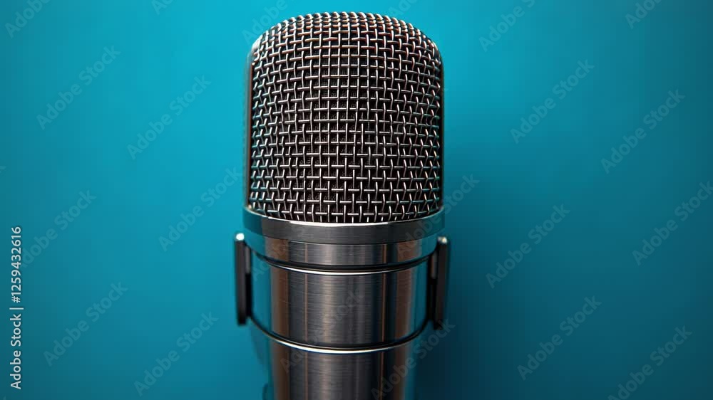 Close-up of a professional microphone against a teal background Close-up of a professional microphone against a teal background